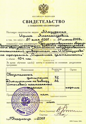 Свидетельство о повышении квалификации